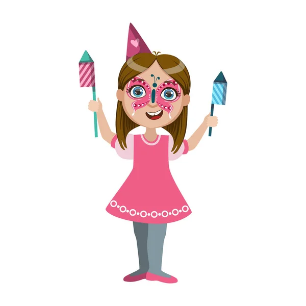Chica en la mariposa maquillaje con fuegos artificiales, parte de los niños en la fiesta de cumpleaños conjunto de personajes de dibujos animados lindos con atributos de celebración — Vector de stock