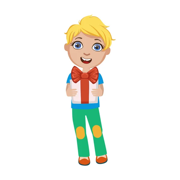 Boy Holding Present, Part of Kids at the Birthday Party Set of Cute Cartoon Characters with Celebration Attributes — стоковый вектор