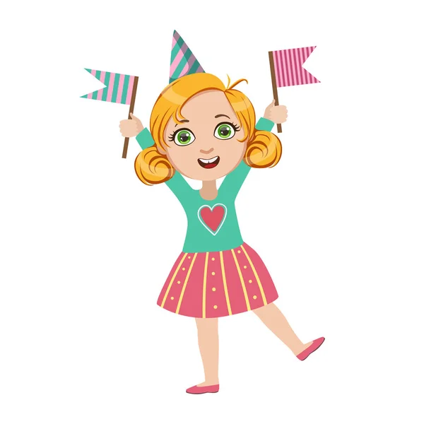 Chica con dos banderas, parte de los niños en la fiesta de cumpleaños conjunto de personajes de dibujos animados lindos con atributos de celebración — Vector de stock