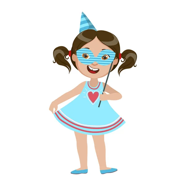 Chica con máscara de papel, parte de los niños en la fiesta de cumpleaños conjunto de personajes de dibujos animados lindos con atributos de celebración — Vector de stock