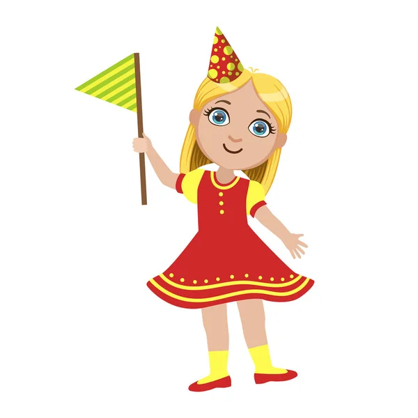 Chica en vestido rojo con bandera, parte de los niños en la fiesta de cumpleaños conjunto de personajes de dibujos animados lindos con atributos de celebración — Vector de stock