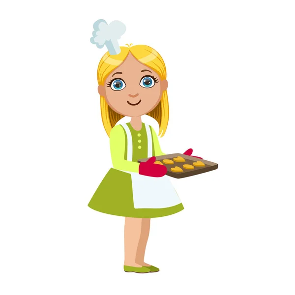 Girl With Tray Of Cookies, Cute Kid In Chief Toque Hat Cooking Food Vector Illustration — Stock Vector