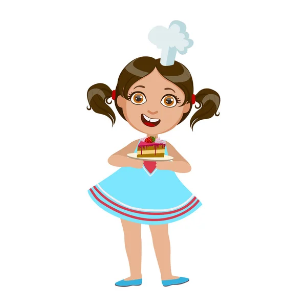 Niña sosteniendo la placa con pedazo de pastel, lindo niño en jefe Toque sombrero cocina comida vector ilustración — Vector de stock