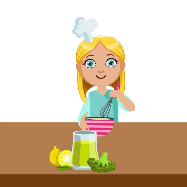 Girl Mixing In Bowl With Whip, Cute Kid In Chief Toque Hat Cooking Food Vector Illustration — Stock Vector
