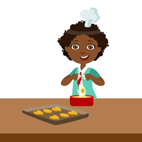 Boy vypečenou pro soubory cookie, roztomilý kluk v hlavní Toque Hat vaření potravin vektorové ilustrace — Stockový vektor