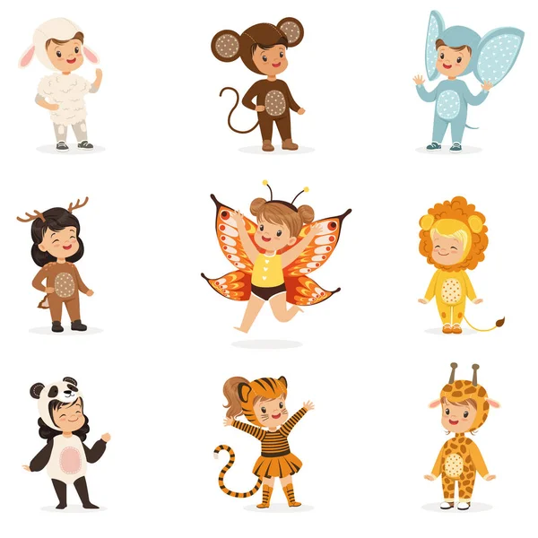 Types de déguisement animal heureux et prêt pour Halloween Masquerade Party Collection de bébés déguisés mignons — Image vectorielle