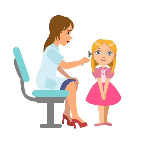Otolaryngologist gehoor van een klein meisje, onderdeel van de Kids gezondheid examen reeks van illustraties — Stockvector