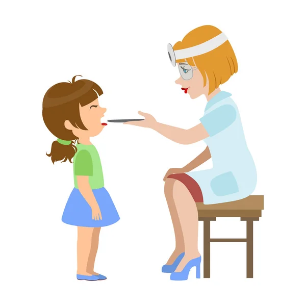 Terapeut kontrollera halsen av en liten flicka, en del av barnen att ta hälsa examen serie illustrationer — Stock vektor