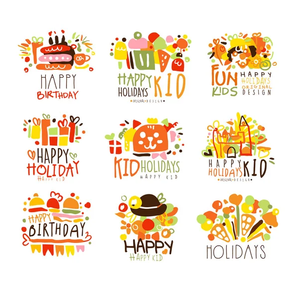 Szczęśliwe dziecko wakacje graficzny kolorowy szablon Logo serii, ręcznie rysowane wzorniki wektor — Wektor stockowy