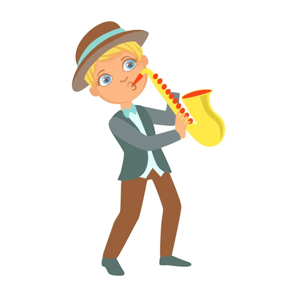 Хлопчик грає джаз на саксофоні, малюк виступає на сцені, учасник шкільної виставки з музичним мистецьким талантом — стоковий вектор