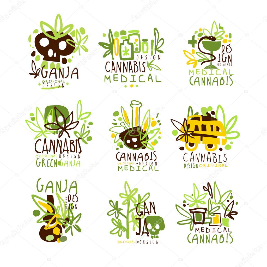 Medical Cannabis Colorful Graphic Design Template Logo Series,Hand Drawn Vector Stencils. Artistic Promo Posters With Funky Font And Fun Design Elements.
