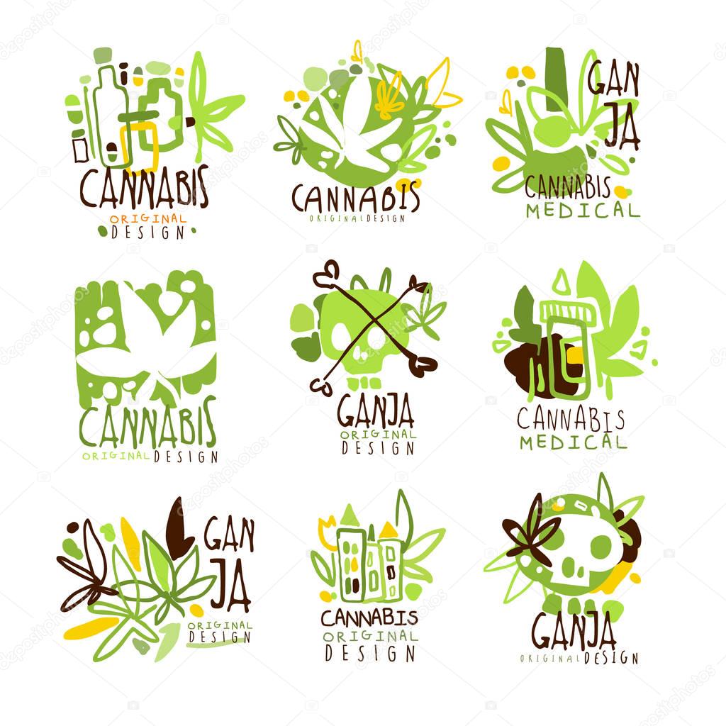 Medical Ganja Colorful Graphic Design Template Logo Series,Hand Drawn Vector Stencils. Artistic Promo Posters With Funky Font And Fun Design Elements.