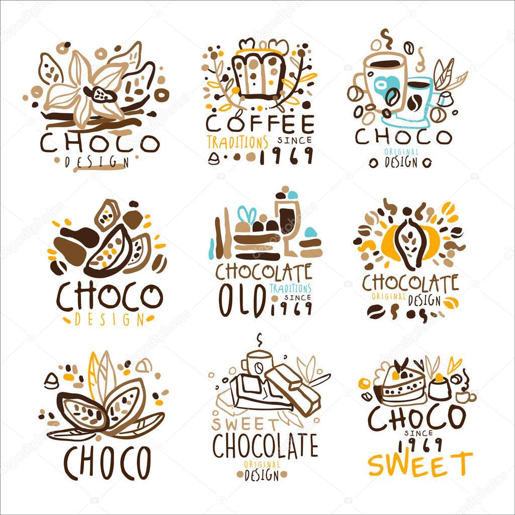 Chocolate Traditions Colorful Graphic Design Template Logo Series,Hand Drawn Vector Stencils. Artistic Promo Posters With Funky Font And Fun Design Elements.