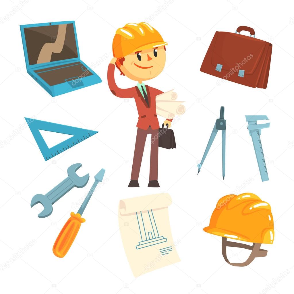 Professional Builder And Architect And His Tools, Man And His Profession Attributes Set Of Isolated Cartoon Objects