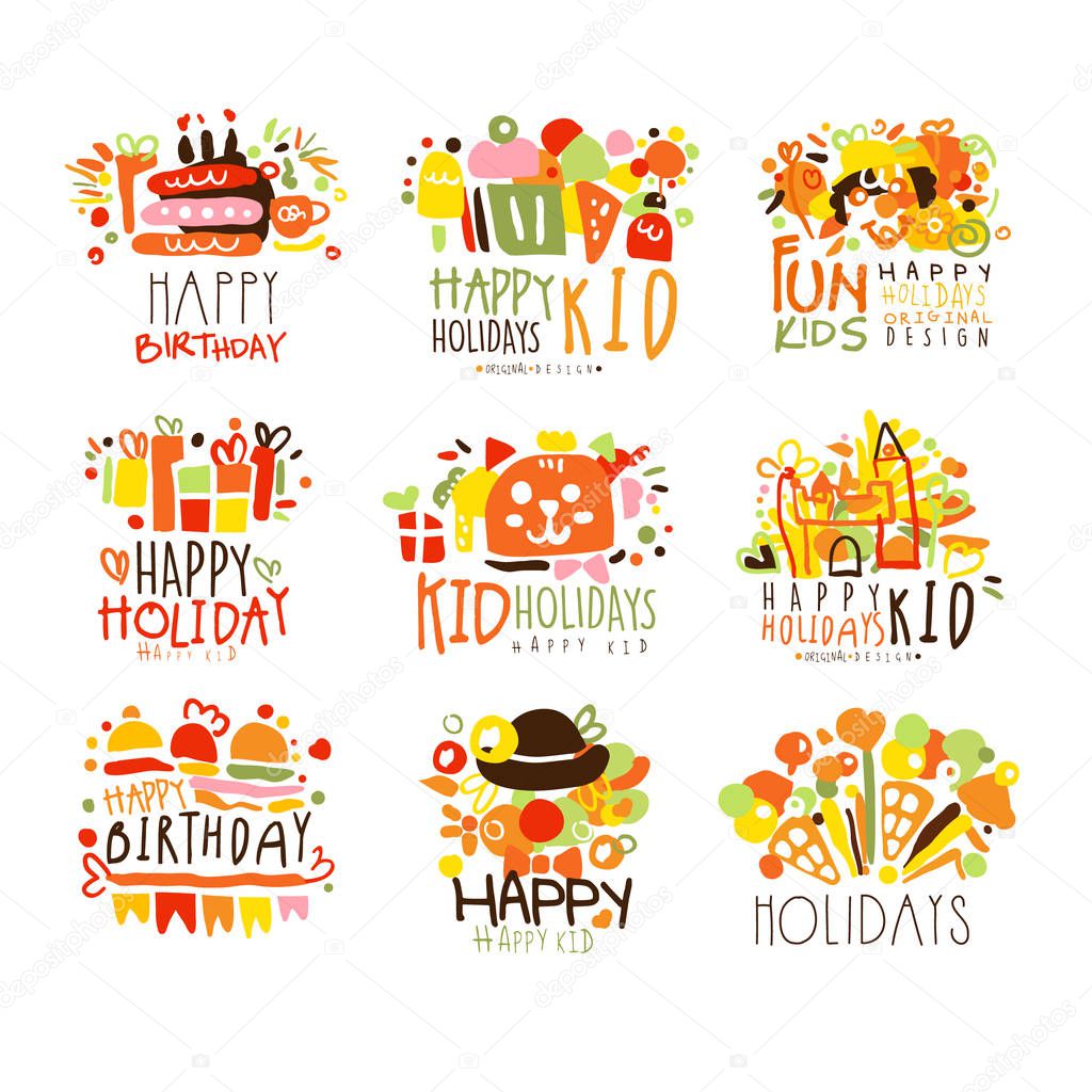 Happy Child Holiday Colorful Graphic Design Template Logo Series,Hand Drawn Vector Stencils