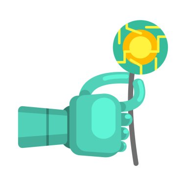 Elektronik çiçek, parçası fütüristik robot ve çizgi film simgeler dizi bilim tutan metal Android el