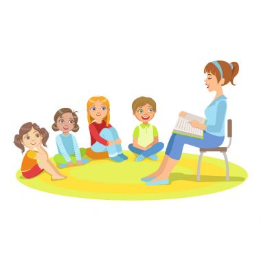 Küçük çocuklar bir hikaye okuma öğretmen oturan grup