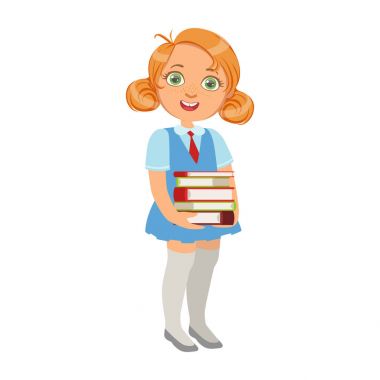 Kız okul üniformalı yığın kitap, vektör resimler serisi okumak sevgi dolu çocuklar parçası tutan