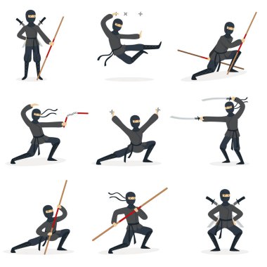 Japon Ninja Assassin tam siyah kostüm Ninjitsu dövüş sanatları duruşlar illüstrasyonlar farklı silah kümesi ile performans.