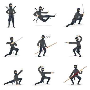 Japon Ninja Assassin tam siyah kostüm Ninjitsu dövüş sanatları duruşlar illüstrasyonlar farklı silah serisi ile performans.