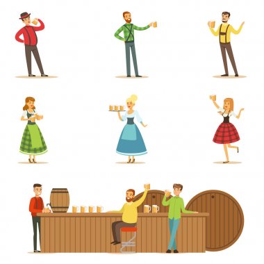 Oktoberfest bira Festivali sahneleri insanlar bira içme ve eğlenceli kümesi olan Bavyera geleneksel kostümleri ile