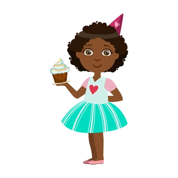 Menina com bolo, parte das crianças na festa de aniversário conjunto de personagens de desenhos animados bonitos com atributos de celebração —  Vetores de Stock