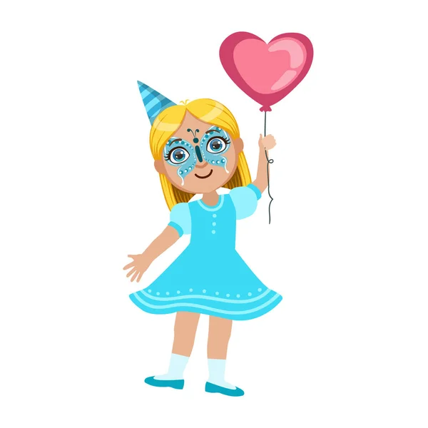 Chica en máscara de mariposa con globo, parte de los niños en la fiesta de cumpleaños conjunto de personajes de dibujos animados lindos con atributos de celebración — Vector de stock