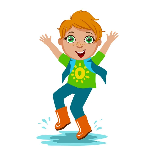 Boy In T-Shirt And Rubber Boots, Kid In Autumn Clothes In Fall Season Enjoyingn Rain And Rainy Weather, Splashes And Puddles — Stock Vector