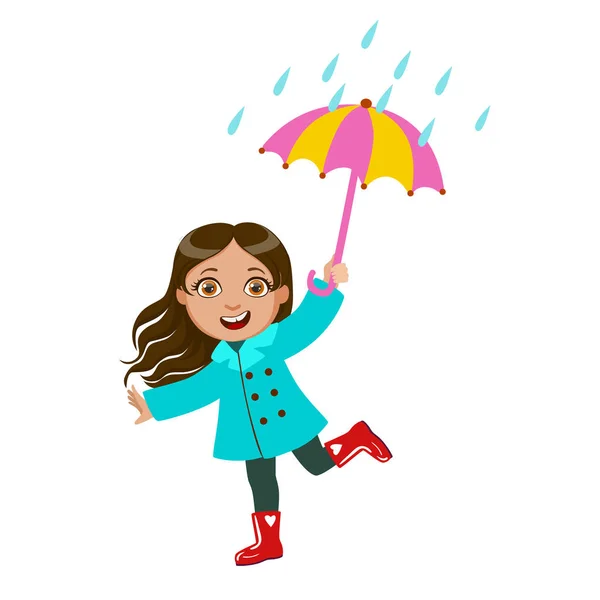 Flicka dansa Under regndroppar med paraply, Kid i höst kläder i höst säsongen Enjoyingn regn och regnigt väder, stänk och pölar — Stock vektor