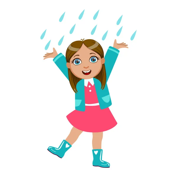 Girl Dancing Under Raindrops, Kid In Autumn Clothes In Fall Season Enjoyingn Rain And Rainy Weather, Splashes And Puddles — Stock Vector