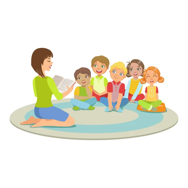 Group Of Small Kids Sitting Around The Teacher On The Floor Reading A Story — Stock Vector