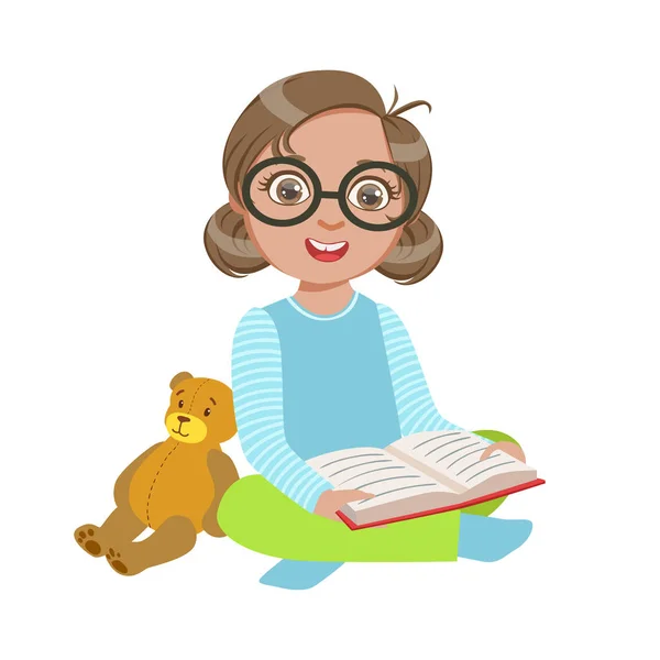 Fille dans des lunettes avec ours en peluche lecture d'un livre, une partie des enfants qui aiment lire vectoriel Illustrations série — Image vectorielle