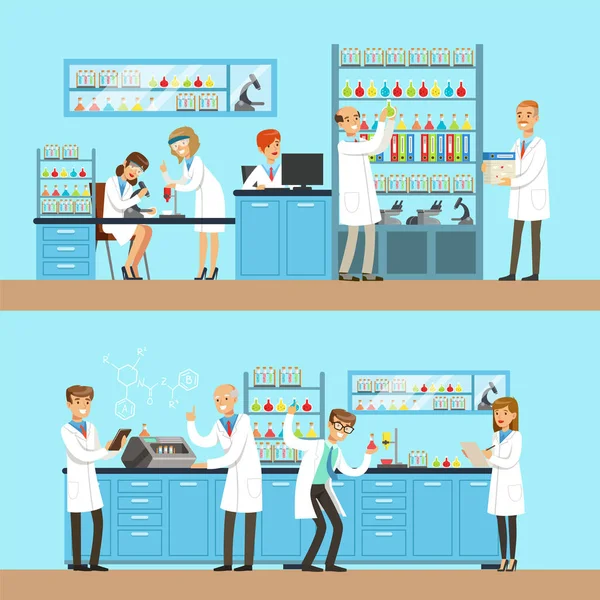 Chemists In The Chemical Research Lab Doing Experiments And Running Chemical Tests — Stock Vector