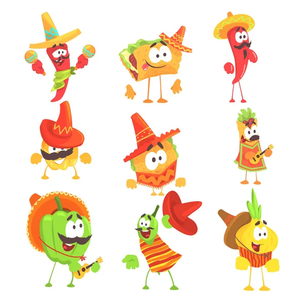 Comida Mexicana Y Verduras Serie De Personajes De Dibujos Animados Frescos En Ropa Nacional Con Guitarras Y Maracas, Sonriendo Y Bailando — Vector de stock