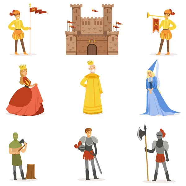 アイコンの中世の漫画のキャラクターとヨーロッパの中間年齢の歴史的な期間属性セット — ストックベクタ