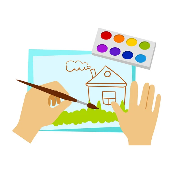 Two Hands Drawing With Paint And Brush, Elementary School Art Class Vector Illustration — Stock Vector