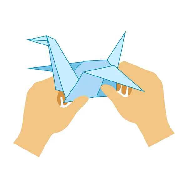 Dos manos haciendo grúa de papel de origami, ilustración vectorial de la clase de arte de la escuela primaria — Vector de stock