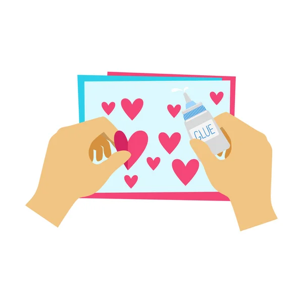 Duas mãos colando corações ao cartão postal de papel, ilustração do vetor da classe de arte da escola elementar — Vetor de Stock