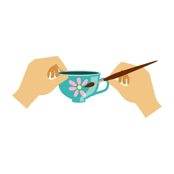 Two Hands Painting a Teacup, Elementary School Art Class Vector Illustration — Stock Vector
