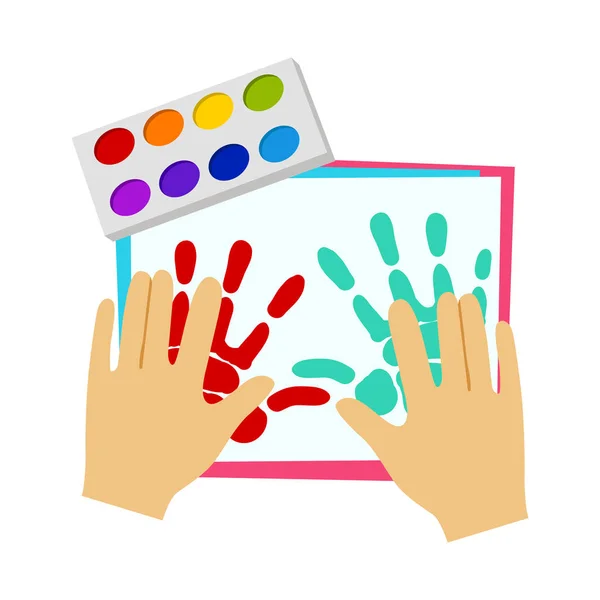 Pintura de dos manos con pintura de dedo, ilustración vectorial de la clase de arte de la escuela primaria — Vector de stock