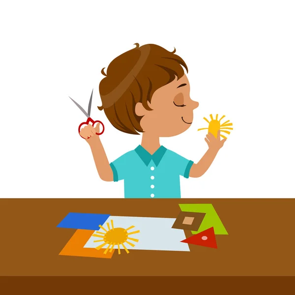 Boy Cutting Sun Shape For Paper Applique, Elementary School Art Class Vector Illustration — Stock Vector