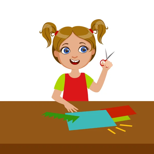 Chica cortando forma de hierba para apliques, escuela primaria arte clase vector ilustración — Vector de stock