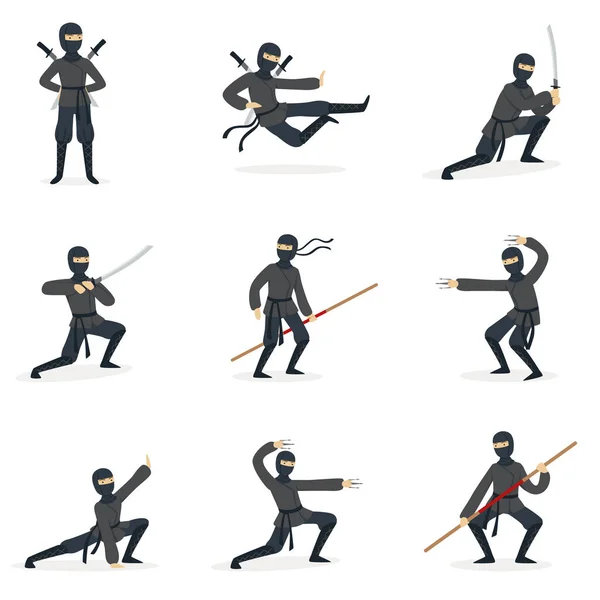 Japonský Ninja vrah v černý kostým provádění pozic Ninjitsu bojových umění s různými zbraněmi série ilustrací. — Stockový vektor