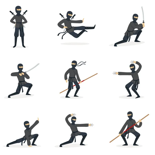 Assassin Ninja japonais en costume noir complet exécutant des postures d'arts martiaux Ninjitsu avec différentes séries d'illustrations . — Image vectorielle