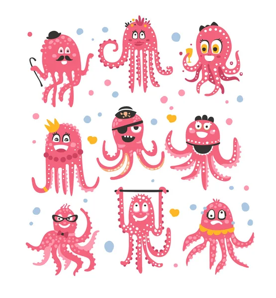 Octopus emotikony ikony s Funny roztomilý kreslený mořské zvířátka v různých převlecích na večírku — Stockový vektor