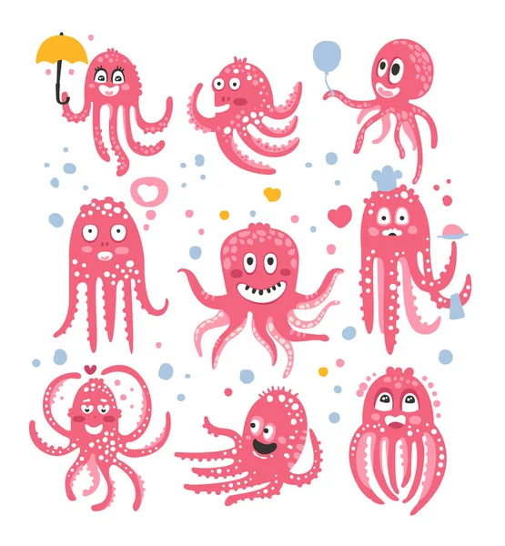 Octopus Emoticon Icons With Funny Cute Cartoon Marine Animal Characters In Love And Expressing Different Emotions — Stock Vector