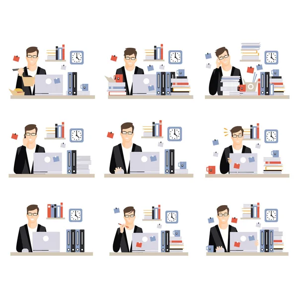 Mies Office Worker Daily Work kohtauksia eri tunteita, joukko kuvia kiireinen päivä toimistossa — vektorikuva