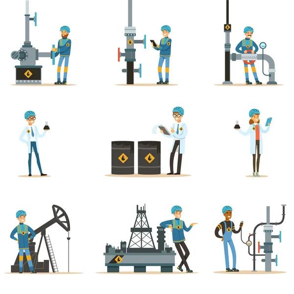 Gente feliz trabajando en la industria petrolera Conjunto de personajes de dibujos animados trabajando en el oleoducto y la maquinaria de extracción de petróleo — Vector de stock