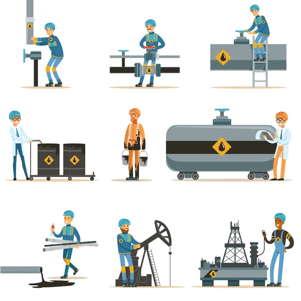 Pessoas felizes trabalhando na indústria do petróleo coleção de personagens de desenhos animados que trabalham no encanamento e máquinas de extração de petróleo —  Vetores de Stock