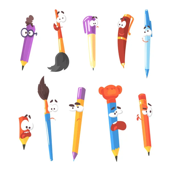 Lächelnde Stift, Bleistifte und Pinsel, Serie von animierten stationären Zeichentrickfiguren isoliert bunte Aufkleber — Stockvektor